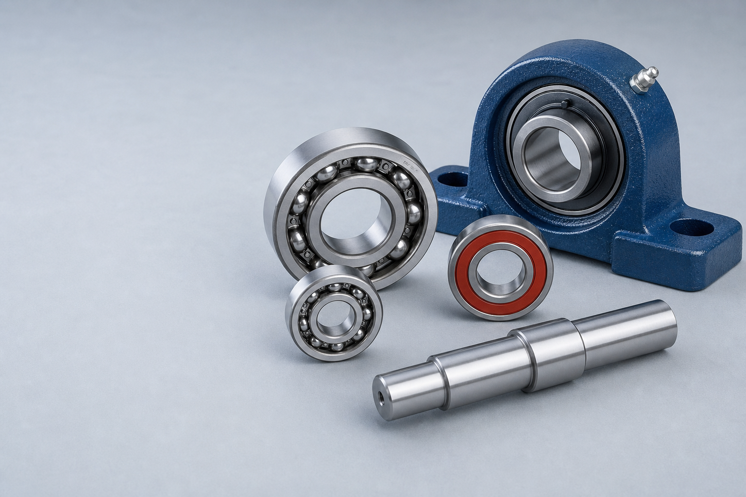 Polished bearings, a blue pillow block, and precision shaft on a light studio surface