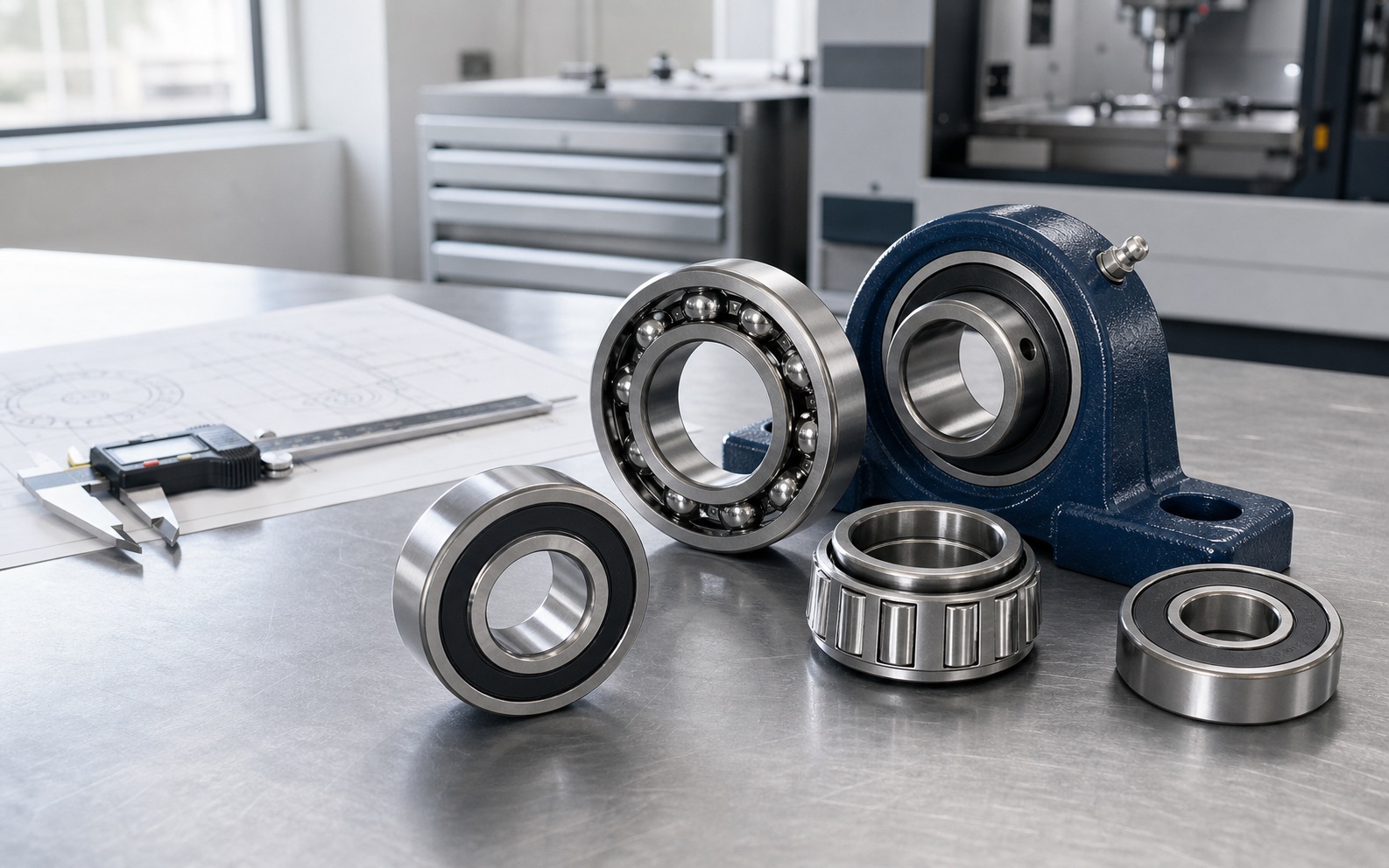 Bearings and a caliper on a machine-shop workbench