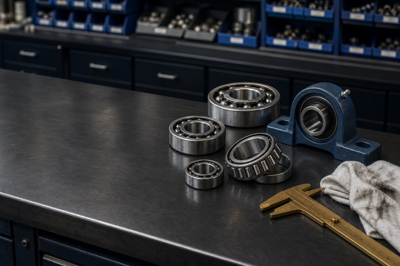 Steel bearings and a blue pillow block arranged on a specialist parts counter